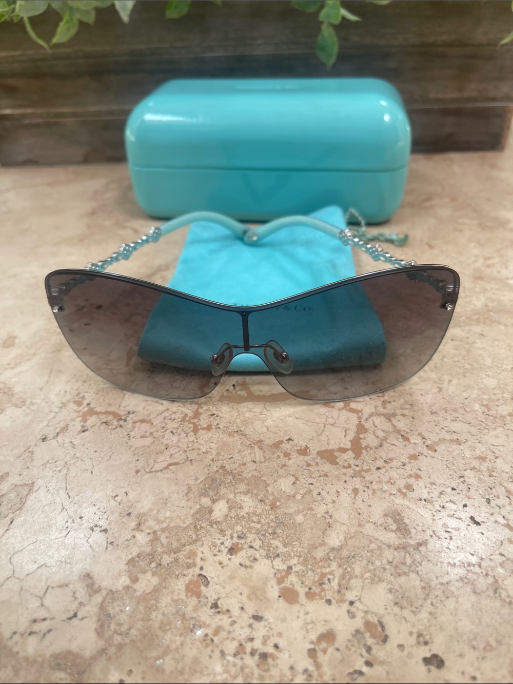 Tiffany & Co. Teal-Accent Rimless TF3028-B Sunglasses with Gradient Gray Lenses